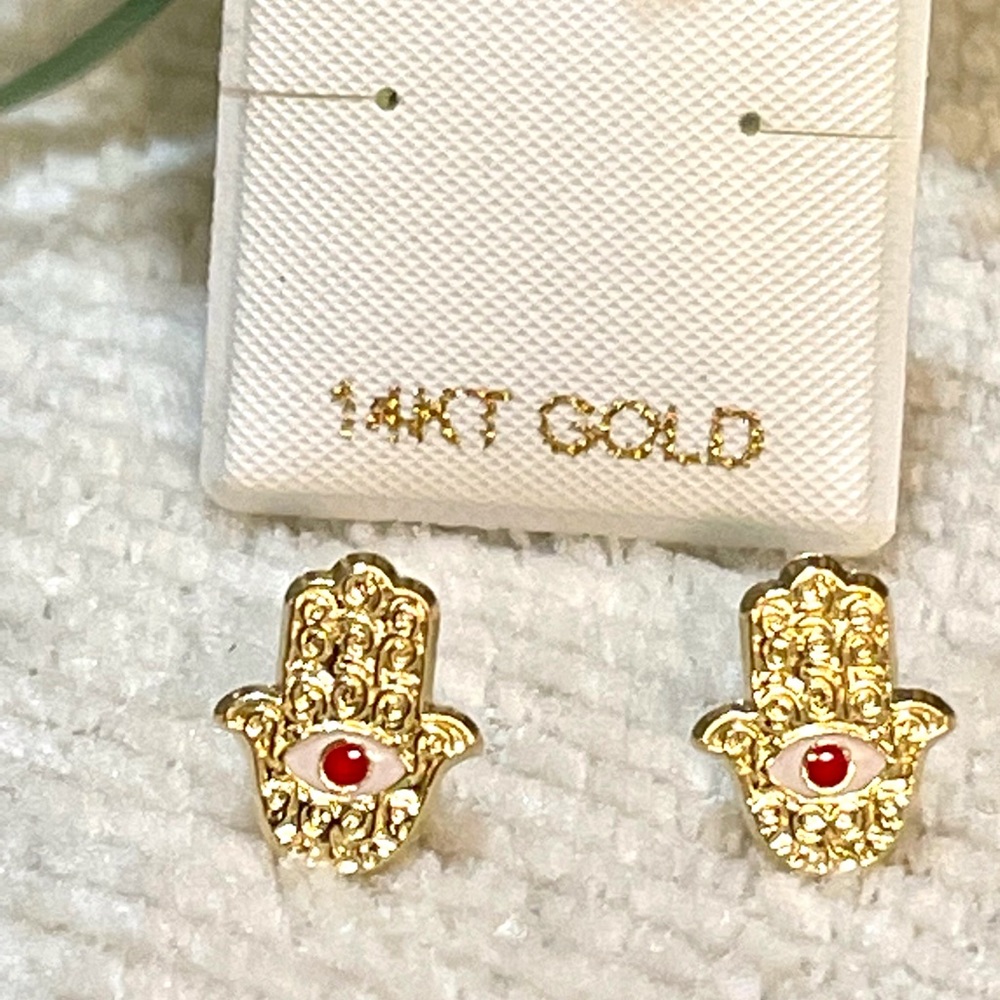 Solid Yellow Gold 14 Karat Hamsa Red Earring